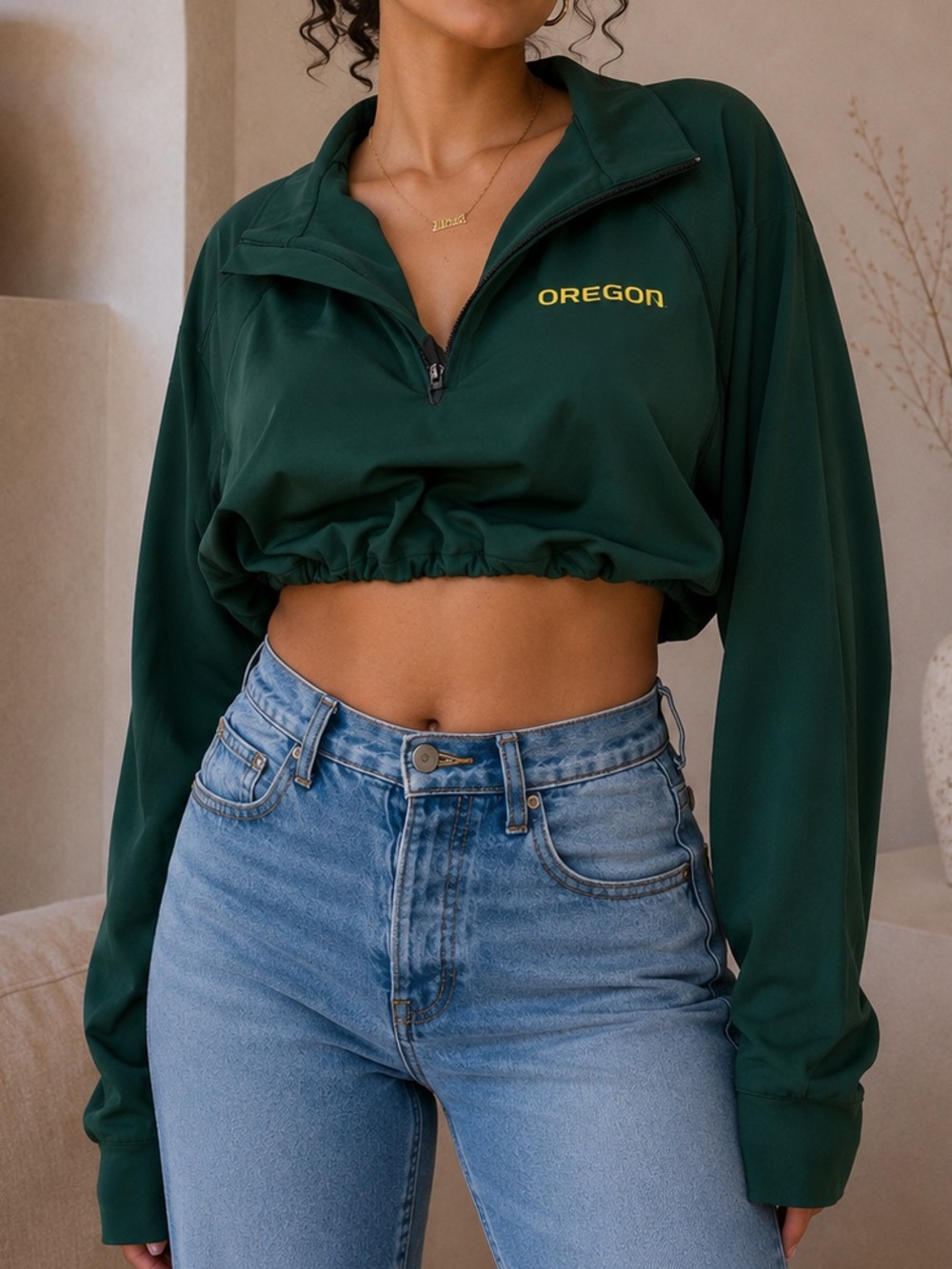Oregon Green Cropped Pullover Quarter-Zip Top